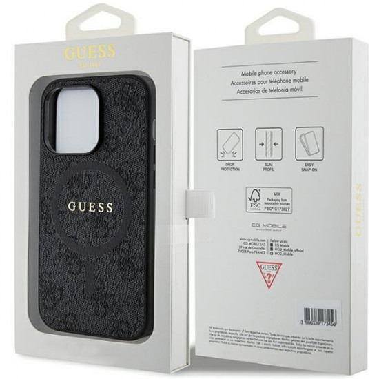 Guess iPhone 15 Pro - 4G Collection Leather Metal Logo MagSafe Θήκη με Επένδυση Συνθετικού Δέρματος και MagSafe - Black - GUHMP15LG4GFRK
