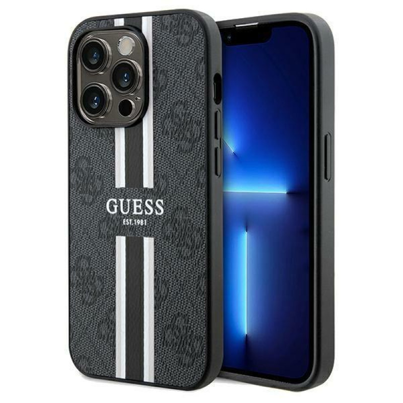 Guess iPhone 15 Pro Max - 4G Printed Stripes MagSafe Θήκη με Επένδυση Συνθετικού Δέρματος - Black - GUHMP15XP4RPSK