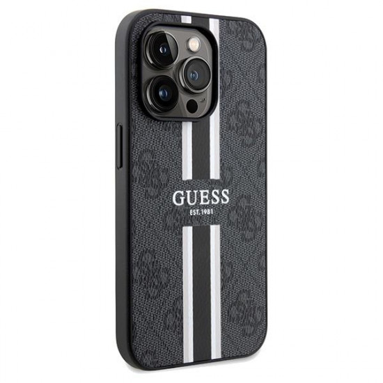 Guess iPhone 15 Pro Max - 4G Printed Stripes MagSafe Θήκη με Επένδυση Συνθετικού Δέρματος - Black - GUHMP15XP4RPSK