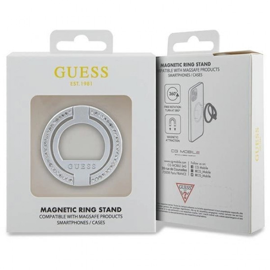 Guess MagSafe Rhinestone Ring Holder - Δαχτυλίδι Συγκράτησης Κινητού - Βάση Στήριξης - Silver - GUE002940-0