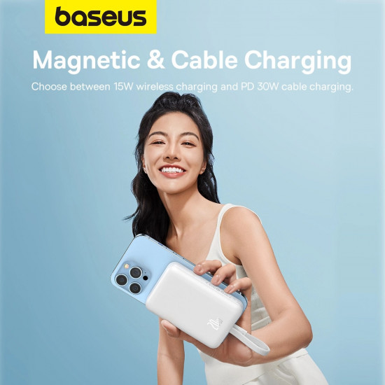 Baseus Magnetic Mini Ασύρματο MagSafe PowerBank 10000mAh 20W με Καλώδιο Type-C και Ενσωματωμένο Καλώδιο Lightning - White