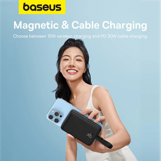Baseus Magnetic Mini Ασύρματο MagSafe PowerBank 10000mAh 20W με Καλώδιο Type-C και Ενσωματωμένο Καλώδιο Lightning - Black