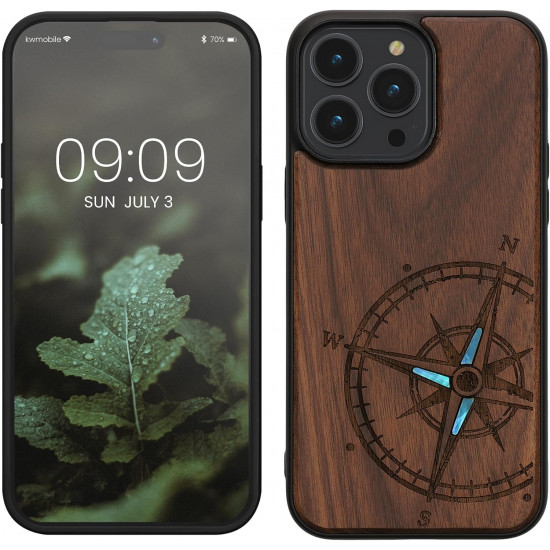 KW iPhone 14 Pro Max Θήκη από Φυσικό Ξύλο - Design Navigational Compass Mother of Pearl - Dark Brown