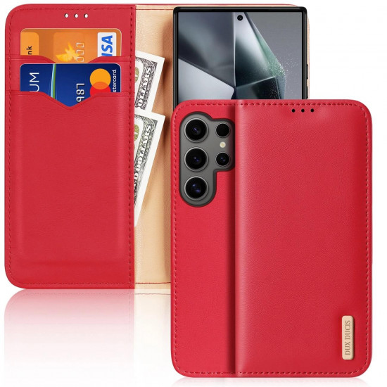 Dux Ducis Samsung Galaxy S24 Ultra Hivo Θήκη Πορτοφόλι Stand από Γνήσιο Δέρμα - Red