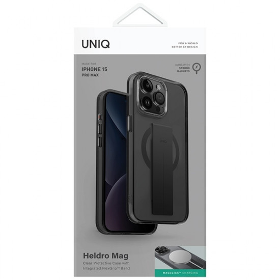 Uniq iPhone 15 Pro Max Heldro Mag Σκληρή Θήκη με Πλαίσιο Σιλικόνης με Finger Holder και MagSafe - Black / Vapor Smoke