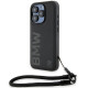 BMW iPhone 15 Pro Signature Leather Wordmark Cord Σκληρή Θήκη με Επένδυση Γνήσιου Δέρματος και Κοντό Λουράκι - Black