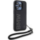 BMW iPhone 15 Pro Signature Leather Wordmark Cord Σκληρή Θήκη με Επένδυση Γνήσιου Δέρματος και Κοντό Λουράκι - Black