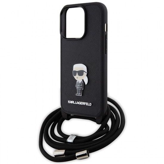 Karl Lagerfeld iPhone 15 Pro - Crossbody Saffiano Monogram Metal Pin Karl Choupette Σκληρή Θήκη με Επένδυση Συνθετικού Δέρματος και Λουράκι - Black - KLHCP15LSASKNPSK