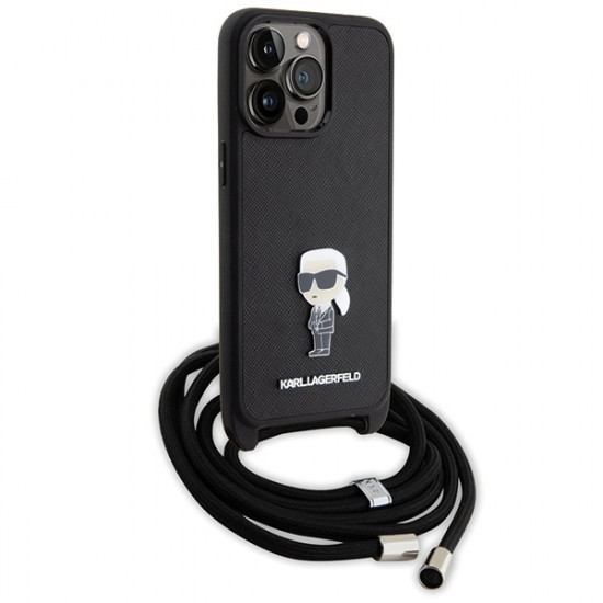 Karl Lagerfeld iPhone 15 Pro Max - Crossbody Saffiano Monogram Metal Pin Karl Choupette Σκληρή Θήκη με Επένδυση Συνθετικού Δέρματος και Λουράκι - Black - KLHCP15XSASKNPSK