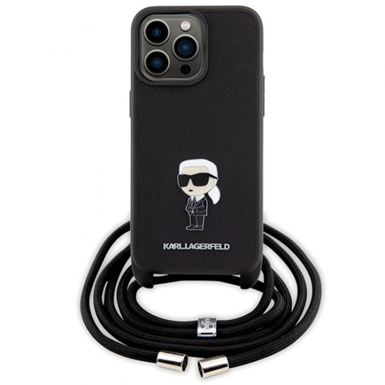 Karl Lagerfeld iPhone 15 Pro Max - Crossbody Saffiano Monogram Metal Pin Karl Choupette Σκληρή Θήκη με Επένδυση Συνθετικού Δέρματος και Λουράκι - Black - KLHCP15XSASKNPSK
