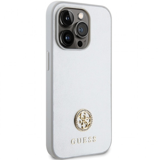 Guess iPhone 15 Pro - 4G Strass Metal Logo Θήκη με Επένδυση Συνθετικού Δέρματος - Silver - GUHCP15LPS4DGPS