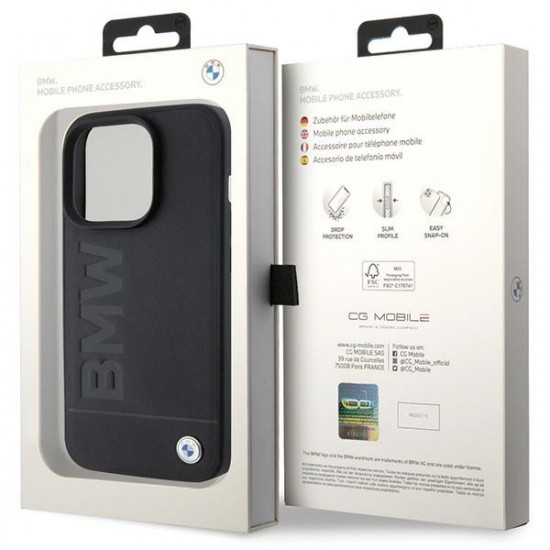 BMW iPhone 15 Pro Max Leather Hot Stamp Σκληρή Θήκη με Επένδυση Γνήσιου Δέρματος και Πλαίσιο Σιλικόνης - Black
