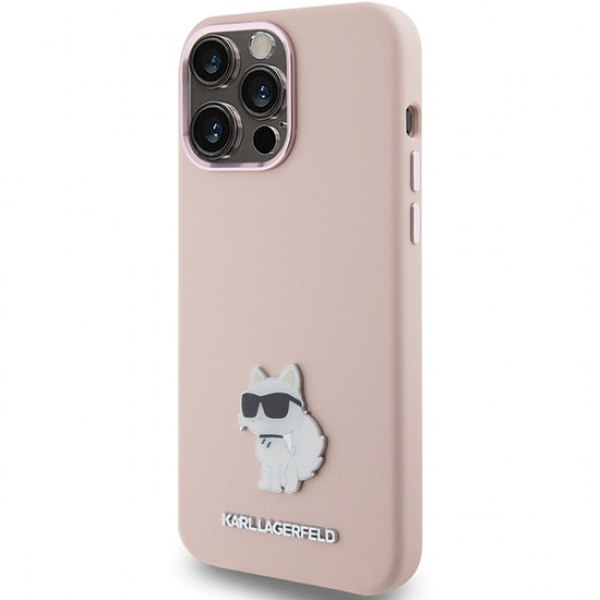 Karl Lagerfeld iPhone 15 Pro - Silicone Choupette Metal Pin Σκληρή Θήκη με Πλαίσιο Σιλικόνης - Pink - KLHCP15LSMHCNPP