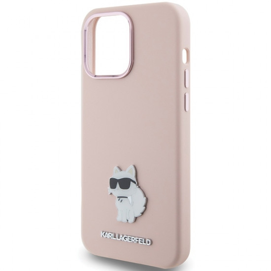 Karl Lagerfeld iPhone 15 Pro Max - Silicone Choupette Metal Pin Σκληρή Θήκη με Πλαίσιο Σιλικόνης - Pink - KLHCP15XSMHCNPP