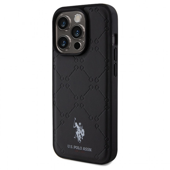 US Polo iPhone 15 Pro Max Yoke Pattern Θήκη με Επένδυση Συνθετικού Δέρματος - Black - USHCP15XPYOK