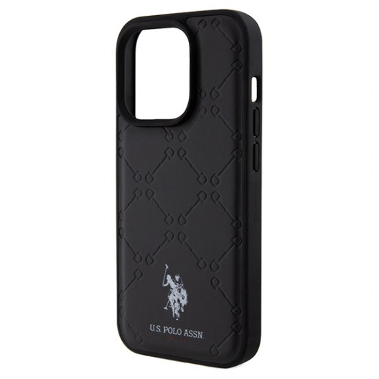 US Polo iPhone 15 Pro Yoke Pattern Θήκη με Επένδυση Συνθετικού Δέρματος - Black - USHCP15LPYOK