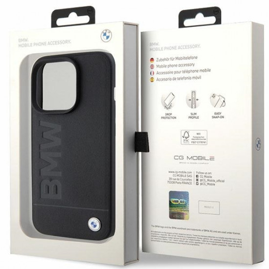 BMW iPhone 15 Pro Leather Hot Stamp Σκληρή Θήκη με Επένδυση Γνήσιου Δέρματος και Πλαίσιο Σιλικόνης - Black