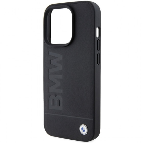 BMW iPhone 15 Pro Leather Hot Stamp Σκληρή Θήκη με Επένδυση Γνήσιου Δέρματος και Πλαίσιο Σιλικόνης - Black