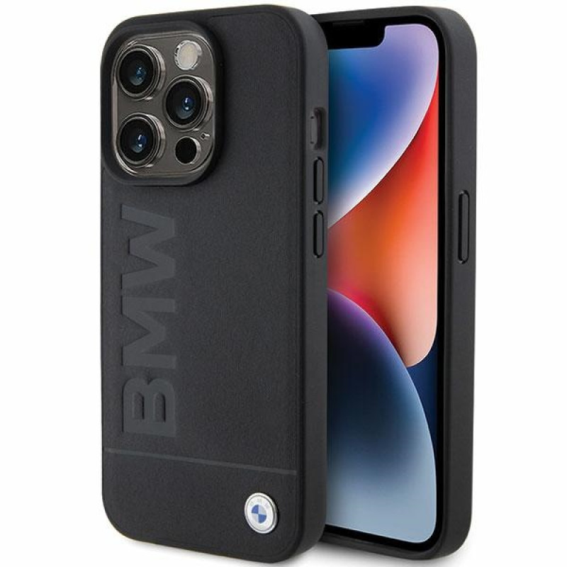 BMW iPhone 15 Pro Leather Hot Stamp Σκληρή Θήκη με Επένδυση Γνήσιου Δέρματος και Πλαίσιο Σιλικόνης - Black