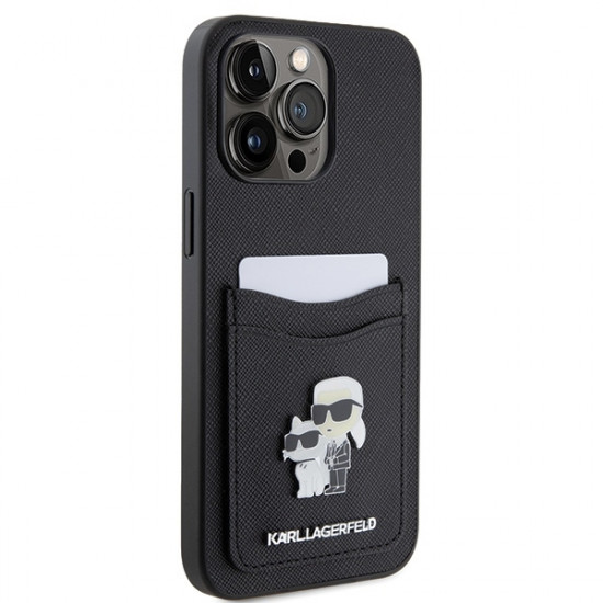 Karl Lagerfeld iPhone 15 Pro Max Saffiano Cardslot KC Metal Logo Σκληρή Θήκη με Επένδυση Συνθετικού Δέρματος και Υποδοχή για Κάρτες - Black - KLHCP15XSAPKCNPK