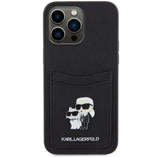 Karl Lagerfeld iPhone 15 Pro Max Saffiano Cardslot KC Metal Logo Σκληρή Θήκη με Επένδυση Συνθετικού Δέρματος και Υποδοχή για Κάρτες - Black - KLHCP15XSAPKCNPK