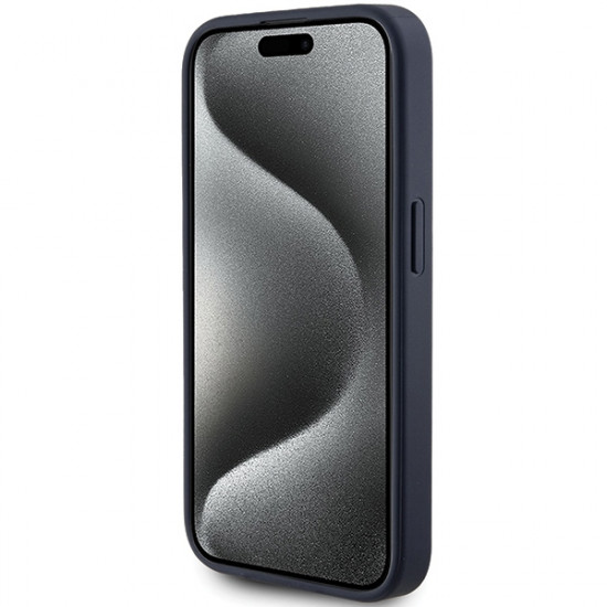 Guess iPhone 15 Pro Max - 4G Triangle Metal Logo Σκληρή Θήκη με Επένδυση Συνθετικού Δέρματος και Πλαίσιο Σιλικόνης - Blue - GUHCP15XPG4GPB