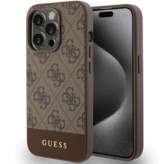 Guess iPhone 15 Pro Max - 4G Stripe Collection Θήκη με Επένδυση Συνθετικού Δέρματος - Brown - GUHCP15XG4GLBR