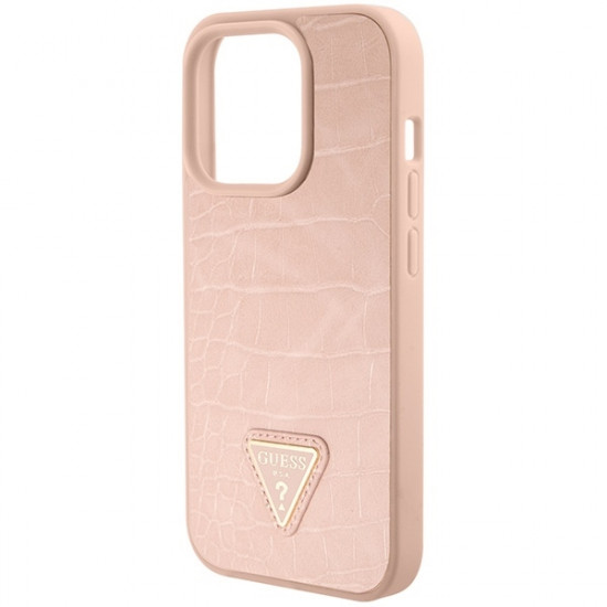Guess iPhone 15 Pro Max Croco Triangle Metal Logo Θήκη με Επένδυση Συνθετικού Δέρματος και Πλαίσιο Σιλικόνης - Pink - GUHCP15XPCRTHCP