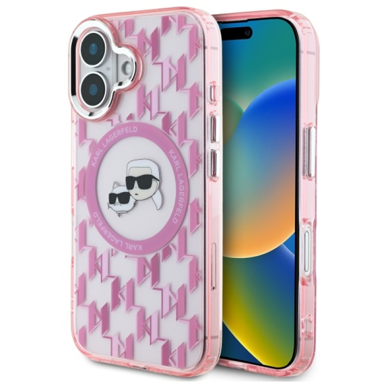 Karl Lagerfeld iPhone 16 - IML Monogram Karl and Choupette Head - MagSafe Σκληρή Θήκη με Πλαίσιο Σιλικόνης - Pink - KLHMP16SHMCKMHP