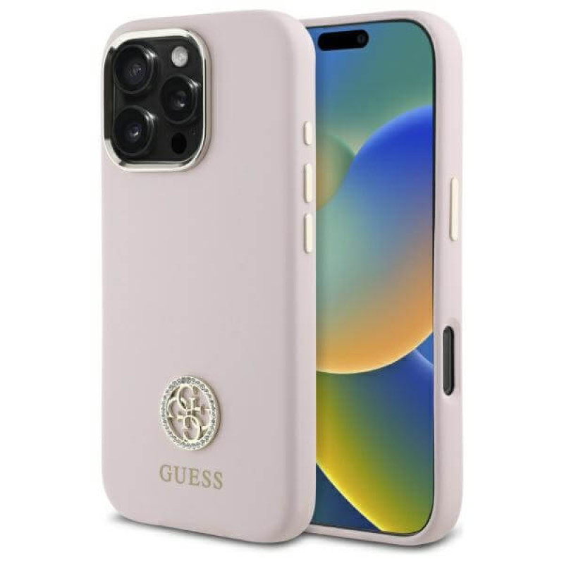 Guess iPhone 16 Pro Max - Silicone Logo Strass 4G - Σκληρή Θήκη με Πλαίσιο Σιλικόνης - Pink - GUHCP16XM4DGPP