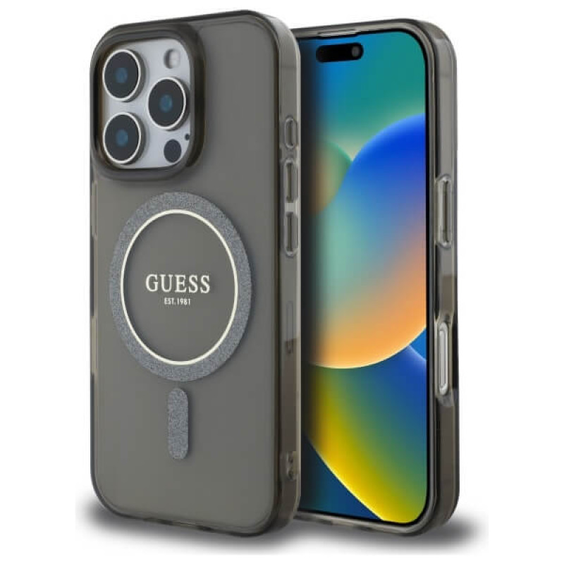 Guess iPhone 16 Pro Max - IML Glitter Circle - MagSafe Σκληρή Θήκη με Πλαίσιο Σιλικόνης - Black - GUHMP16XHFGEREK