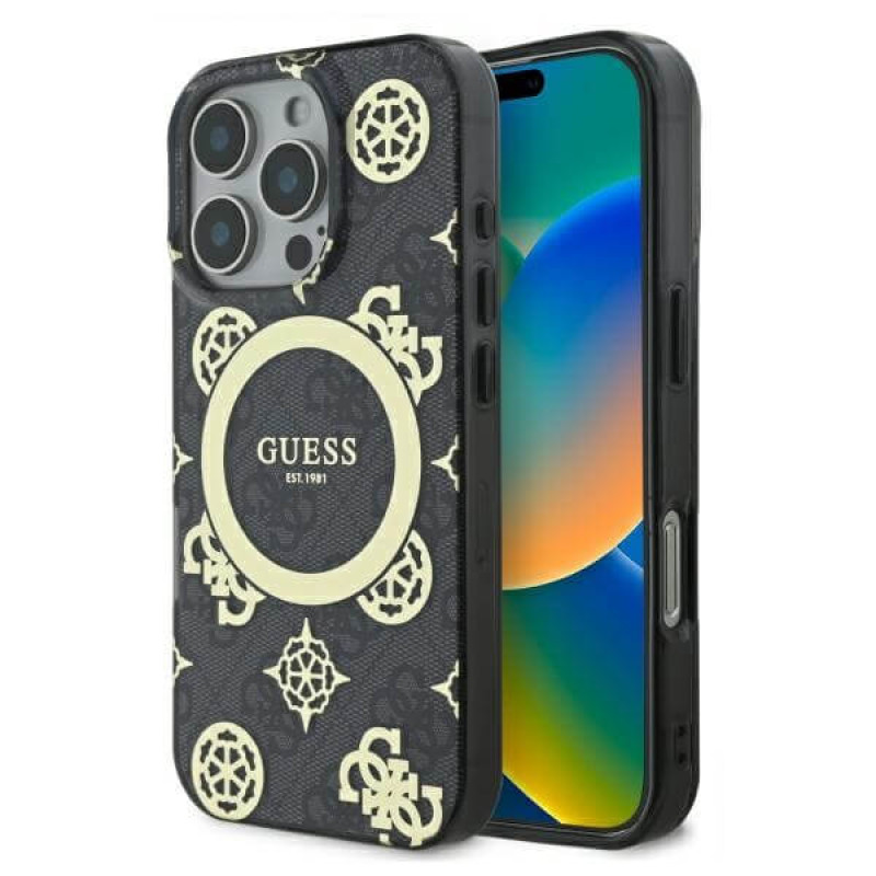 Guess iPhone 16 Pro Max - IML Peony On 4G Background MagSafe - Θήκη με Επένδυση Συνθετικού Δέρματος - Black - GUHMP16XH4PYEEK