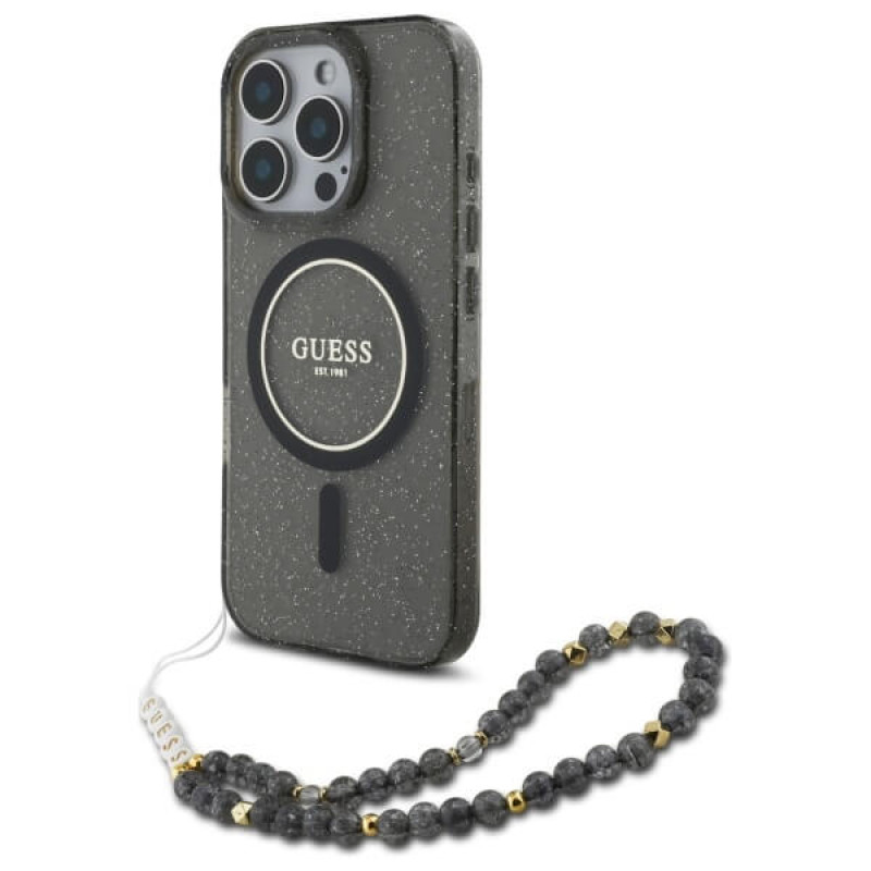 Guess iPhone 16 Pro - IML Glitter With Pearl Strap MagSafe - Σκληρή Θήκη με Πλαίσιο Σιλικόνης και Λουράκι - Black - GUHMP16LHGCRELSK