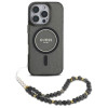 Guess iPhone 16 Pro - IML Glitter With Pearl Strap MagSafe - Σκληρή Θήκη με Πλαίσιο Σιλικόνης και Λουράκι - Black - GUHMP16LHGCRELSK