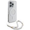 Guess iPhone 16 Pro - IML Glitter With Pearl Strap MagSafe - Σκληρή Θήκη με Πλαίσιο Σιλικόνης και Λουράκι - Διάφανη - GUHMP16LHGCRELST