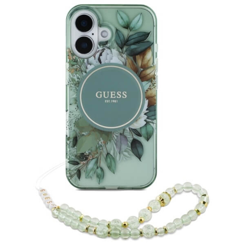 Guess iPhone 16 Plus - IML Flowers With Pearl Strap MagSafe - Σκληρή Θήκη με Πλαίσιο Σιλικόνης και Λουράκι - Green - GUHMP16MHFWBRCESN Guess iPhone 16 Plus - IML Flowers With Pearl Strap MagSafe - Σκληρή Θήκη με Πλαίσιο Σιλικόνης και Λουράκι - Green - GUHMP16MHFWBRCESN