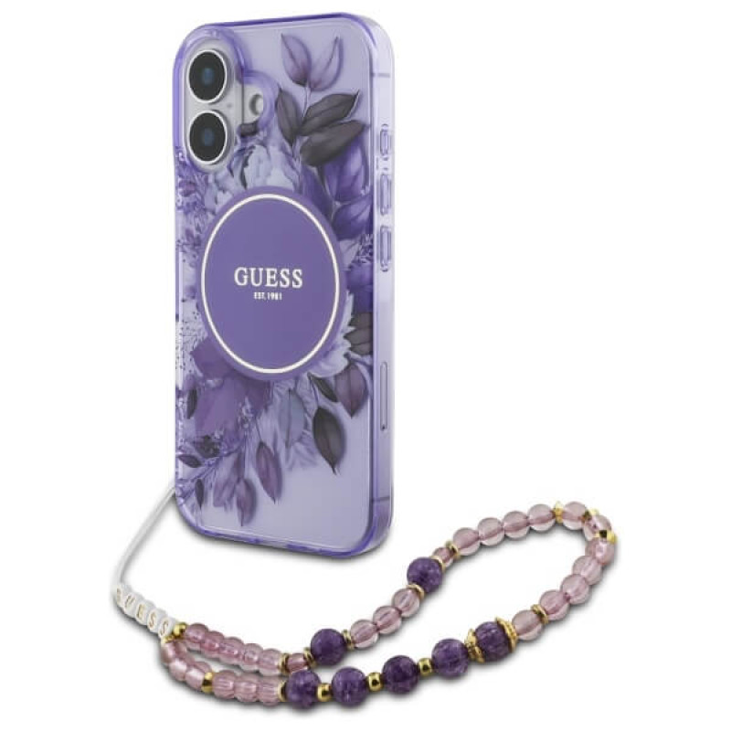 Guess iPhone 16 Plus - IML Flowers With Pearl Strap MagSafe - Σκληρή Θήκη με Πλαίσιο Σιλικόνης και Λουράκι - Purple - GUHMP16MHFWBRCESU Guess iPhone 16 Plus - IML Flowers With Pearl Strap MagSafe - Σκληρή Θήκη με Πλαίσιο Σιλικόνης και Λουράκι - Purple - GUHMP16MHFWBRCESU