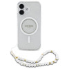 Guess iPhone 16 Plus - IML Glitter With Pearl Strap - MagSafe Σκληρή Θήκη με Πλαίσιο Σιλικόνης και Λουράκι - Διάφανη - GUHMP16MHGCRELST