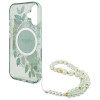 Guess iPhone 16 - IML Flowers With Pearl Strap MagSafe - Σκληρή Θήκη με Πλαίσιο Σιλικόνης και Λουράκι - Green - GUHMP16SHFWBRCESN