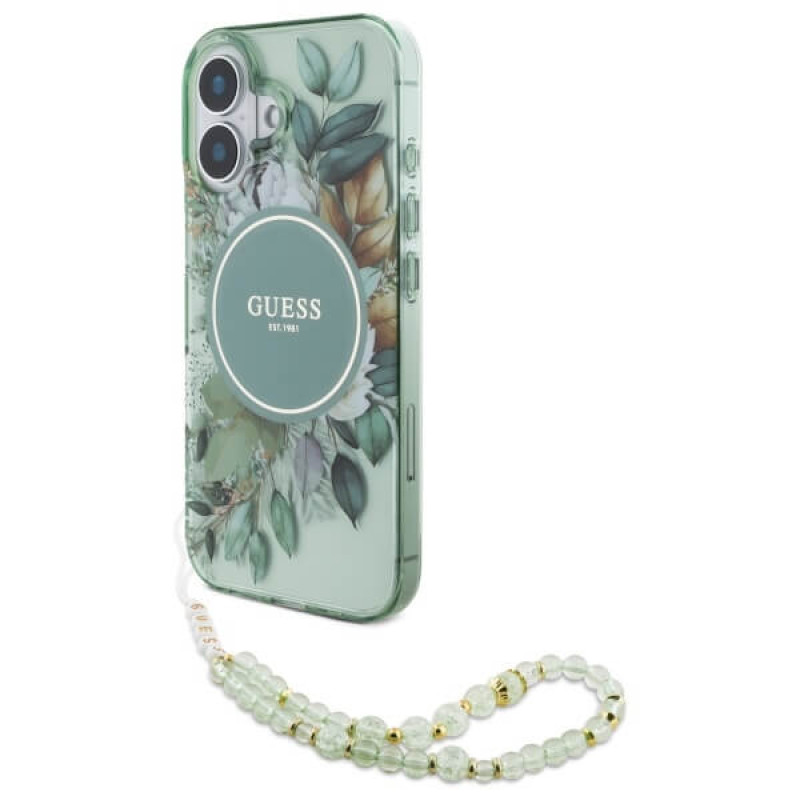 Guess iPhone 16 - IML Flowers With Pearl Strap MagSafe - Σκληρή Θήκη με Πλαίσιο Σιλικόνης και Λουράκι - Green - GUHMP16SHFWBRCESN
