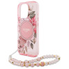 Guess iPhone 16 Pro Max - IML Flowers With Pearl Strap MagSafe - Σκληρή Θήκη με Πλαίσιο Σιλικόνης και Λουράκι - Pink - GUHMP16XHFWBRCESP
