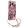 Guess iPhone 16 Pro Max - IML Flowers With Pearl Strap MagSafe - Σκληρή Θήκη με Πλαίσιο Σιλικόνης και Λουράκι - Pink - GUHMP16XHFWBRCESP