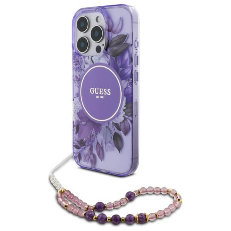 Guess iPhone 16 Pro Max - IML Flowers With Pearl Strap MagSafe - Σκληρή Θήκη με Πλαίσιο Σιλικόνης και Λουράκι - Purple - GUHMP16XHFWBRCESU