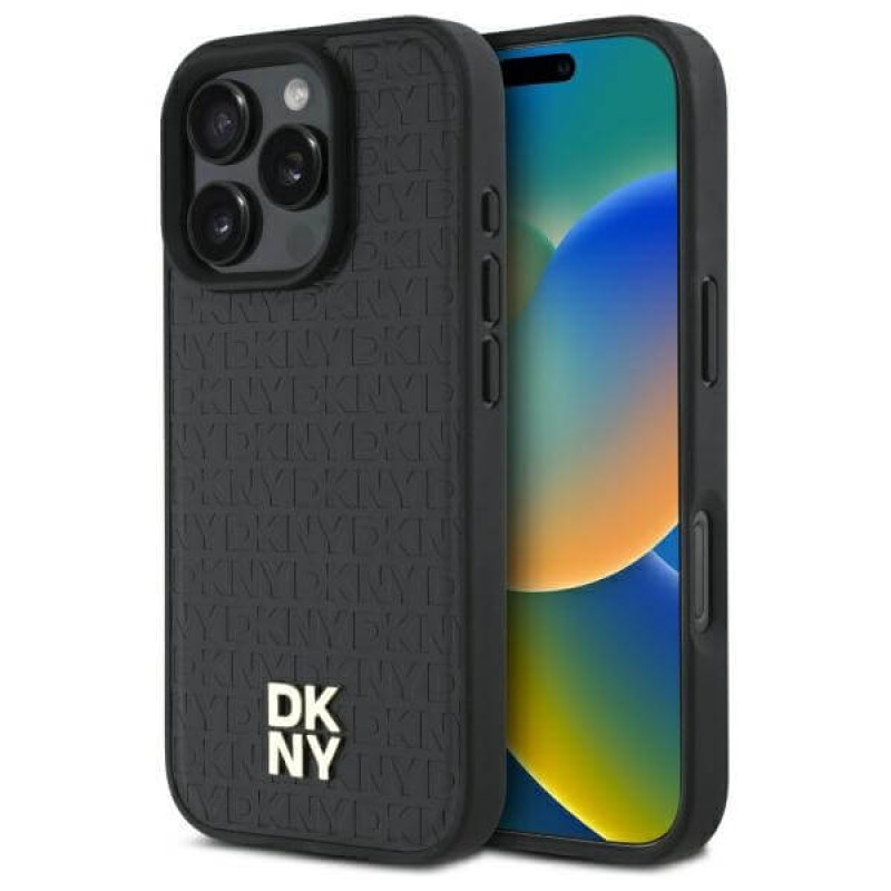 DKNY iPhone 16 Pro - Repeat Pattern Stack Logo MagSafe - Σκληρή Θήκη με Επένδυση Συνθετικού Δέρματος - Black