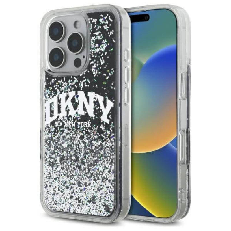DKNY iPhone 16 Pro Max - Liquid Glitter Arch Logo - Σκληρή Θήκη με Πλαίσιο Σιλικόνης - Black