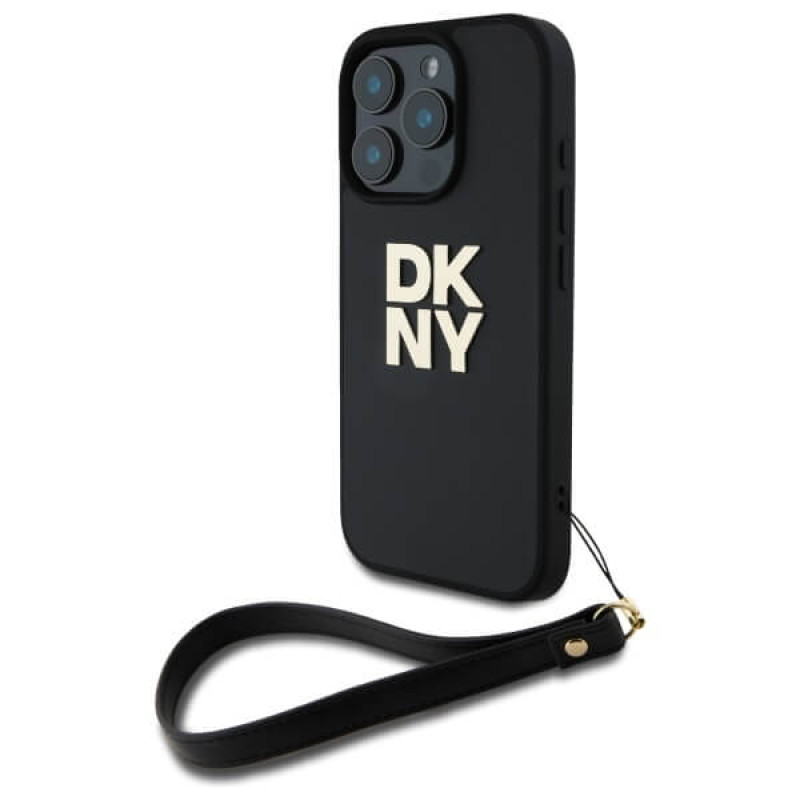 DKNY iPhone 16 Pro - Wrist Strap Stock Logo - Σκληρή Θήκη με Επένδυση Συνθετικού Δέρματος με Λουράκι - Black
