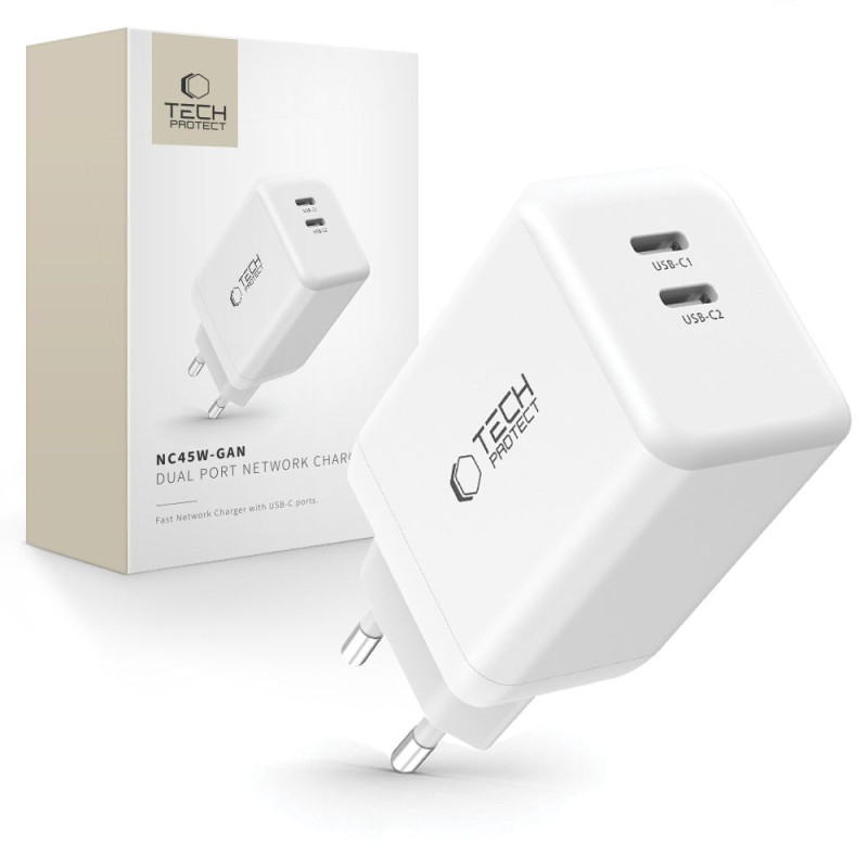TECH-PROTECT NC45W Οικιακός Φορτιστής Γρήγορης Φόρτισης με 2 Θύρες Type-C - White