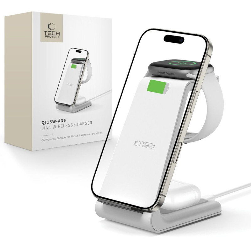 TECH-PROTECT QI15W-A36 3in1 Ασύρματος Φορτιστής MagSafe με Καλώδιο USB-A to USB-C - White TECH-PROTECT QI15W-A36 3in1 Ασύρματος Φορτιστής MagSafe με Καλώδιο USB-A to USB-C - White
