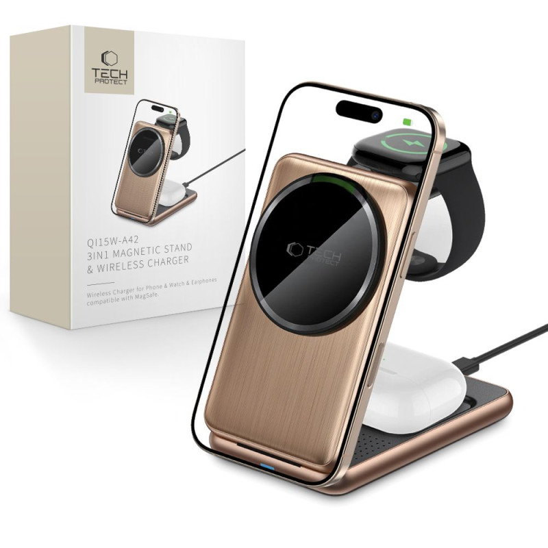 Tech-Protect QI15W-A42 3in1 Ασύρματος Μαγνητικός Φορτιστής MagSafe - Desert Gold