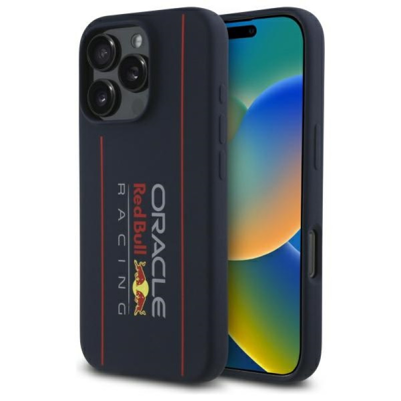 Red Bull iPhone 16 Pro - Silicone Vertical Logo - MagSafe Σκληρή Θήκη με Πλαίσιο Σιλικόνης - Navy - RBHMP16L24SIOLRV